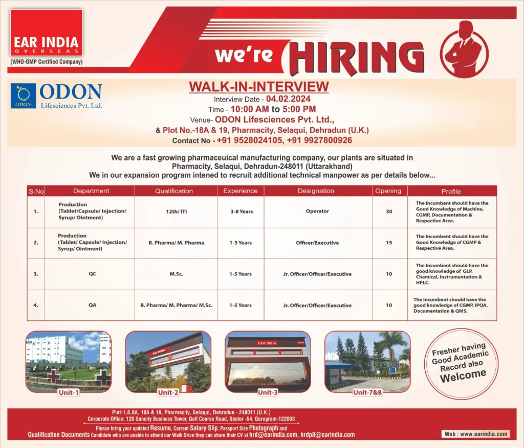 EAR INDIA OVERSEAS - Walk-In Interviews for QC, QA, Production on 4th Feb 2024